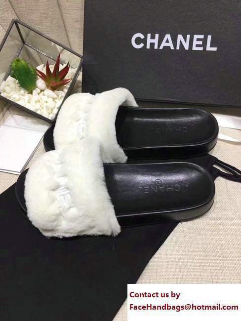 Chanel Logo Print Rabbit Fur Slipper Sandals Mules White 2017 - Click Image to Close