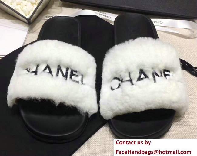 Chanel Logo Print Rabbit Fur Slipper Sandals Mules White/Black 2017