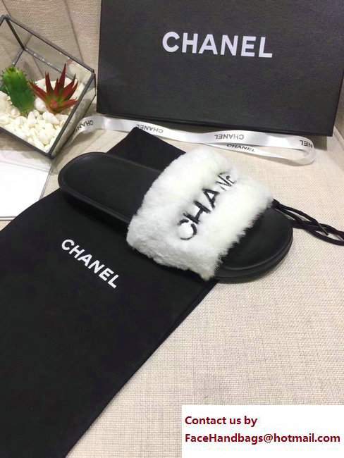 Chanel Logo Print Rabbit Fur Slipper Sandals Mules White/Black 2017