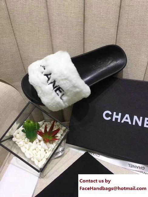Chanel Logo Print Rabbit Fur Slipper Sandals Mules White/Black 2017 - Click Image to Close