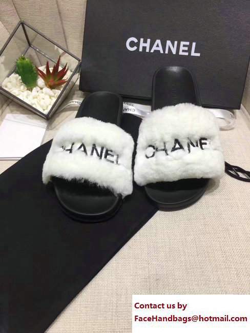 Chanel Logo Print Rabbit Fur Slipper Sandals Mules White/Black 2017 - Click Image to Close