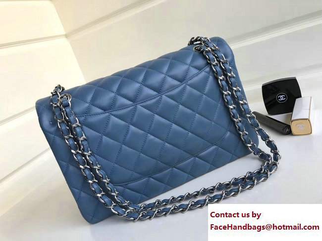 Chanel Sheepskin Classic Flap Jumbo Bag A1113 blue with Silver Hardware 2017