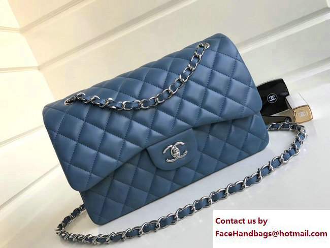 Chanel Sheepskin Classic Flap Jumbo Bag A1113 blue with Silver Hardware 2017