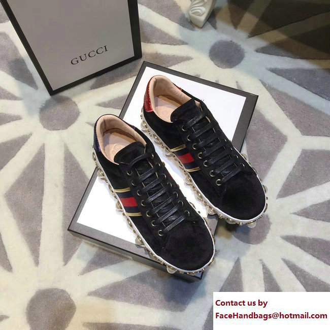 Gucci Ace Leather Studded and Pearl Velvet Sneakers Black 2017 - Click Image to Close