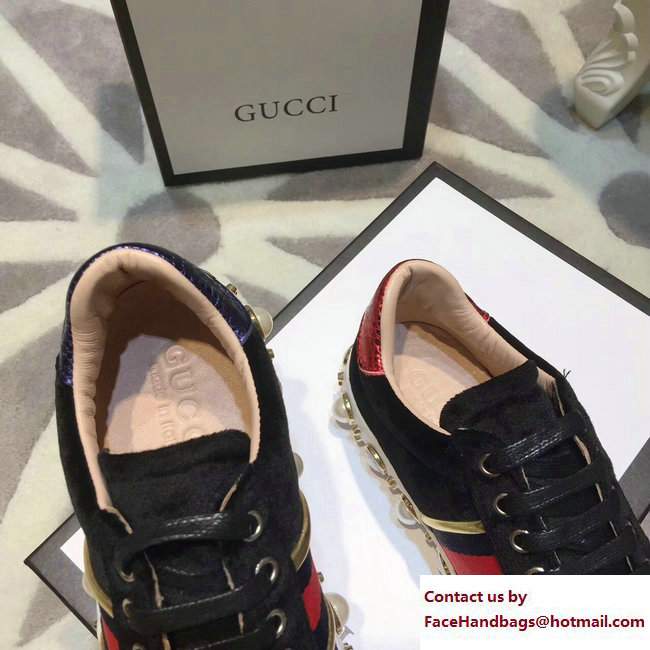Gucci Ace Leather Studded and Pearl Velvet Sneakers Black 2017