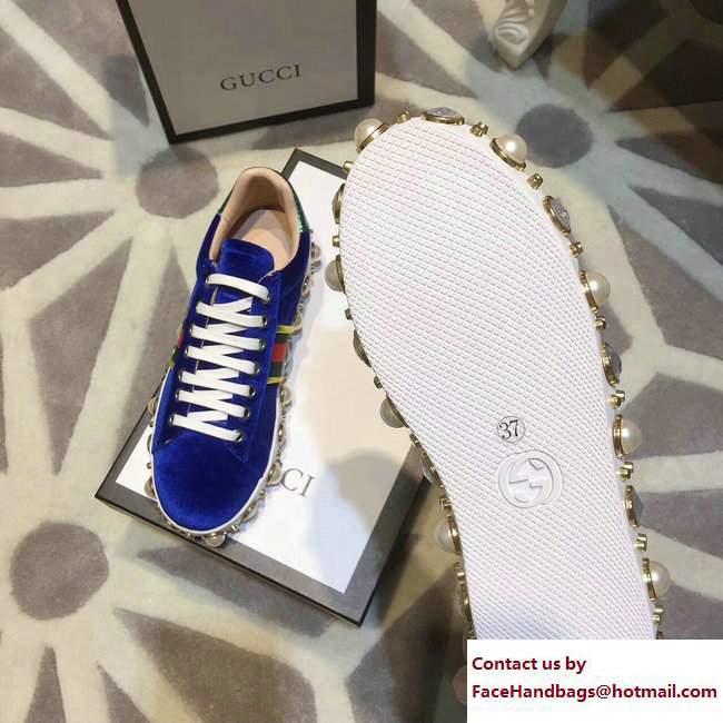 Gucci Ace Leather Studded and Pearl Velvet Sneakers Blue 2017