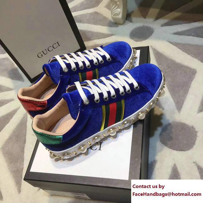 Gucci Ace Leather Studded and Pearl Velvet Sneakers Blue 2017 - Click Image to Close