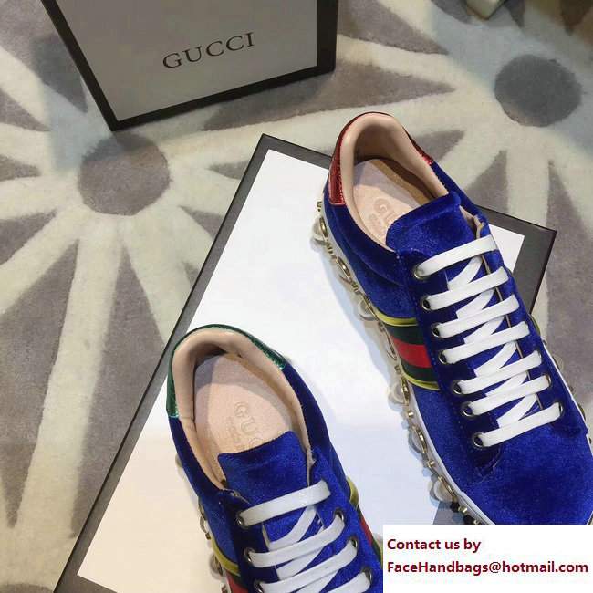 Gucci Ace Leather Studded and Pearl Velvet Sneakers Blue 2017 - Click Image to Close