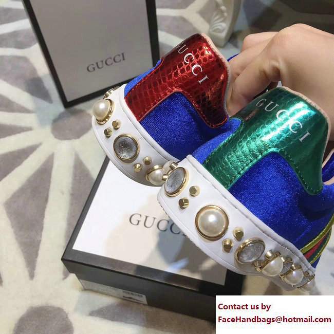Gucci Ace Leather Studded and Pearl Velvet Sneakers Blue 2017