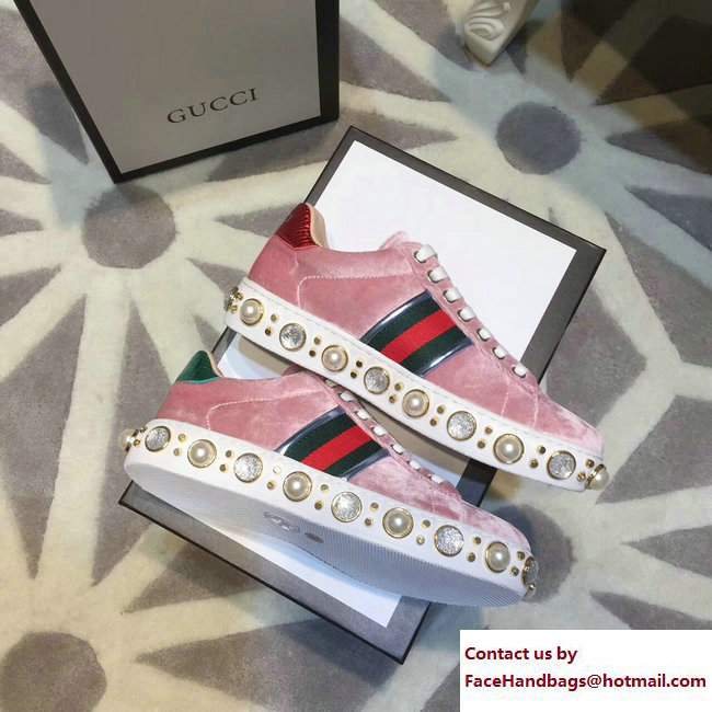 Gucci Ace Leather Studded and Pearl Velvet Sneakers Pink 2017