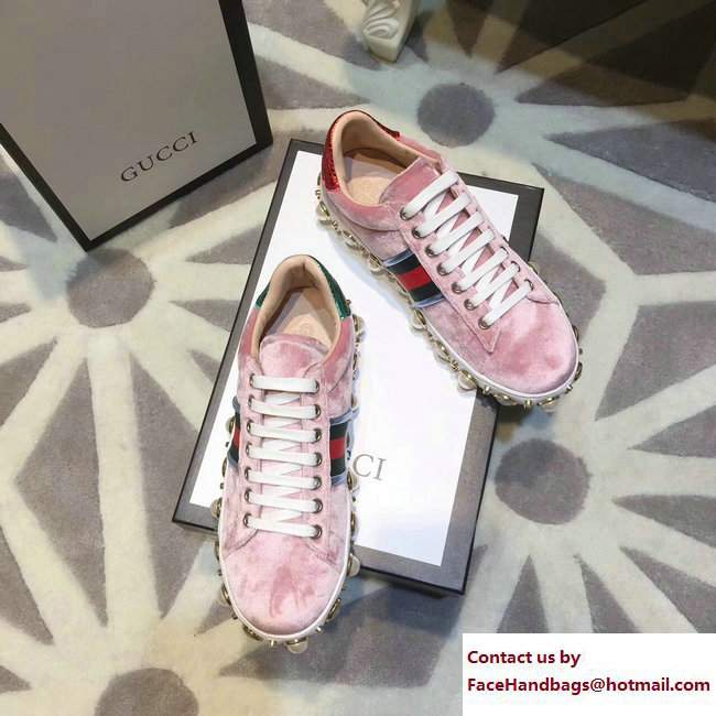 Gucci Ace Leather Studded and Pearl Velvet Sneakers Pink 2017 - Click Image to Close