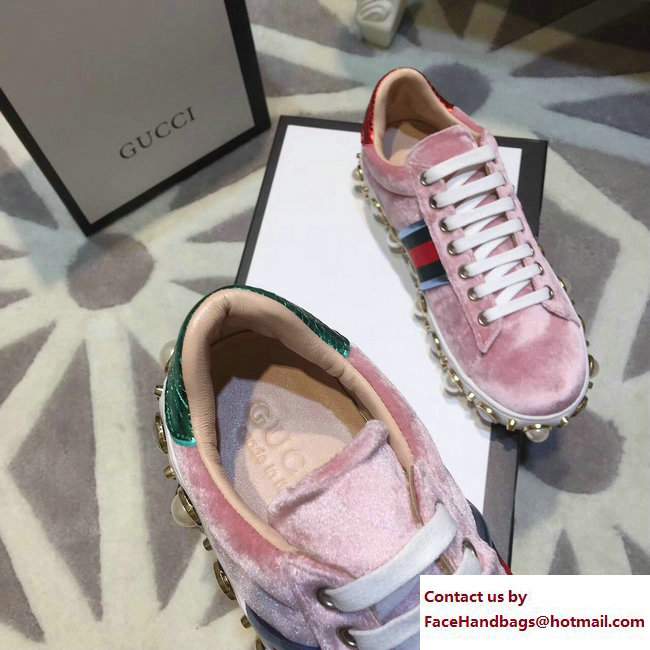 Gucci Ace Leather Studded and Pearl Velvet Sneakers Pink 2017