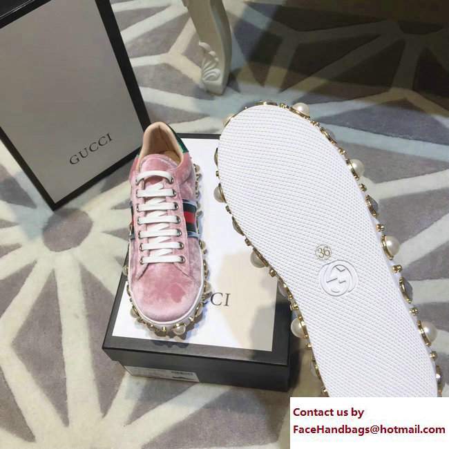Gucci Ace Leather Studded and Pearl Velvet Sneakers Pink 2017 - Click Image to Close
