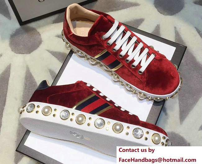 Gucci Ace Leather Studded and Pearl Velvet Sneakers Red/Blue 2017 - Click Image to Close