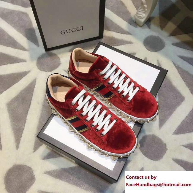Gucci Ace Leather Studded and Pearl Velvet Sneakers Red/Blue 2017