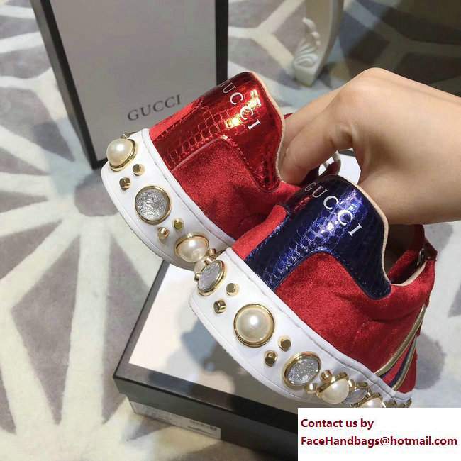 Gucci Ace Leather Studded and Pearl Velvet Sneakers Red/Blue 2017
