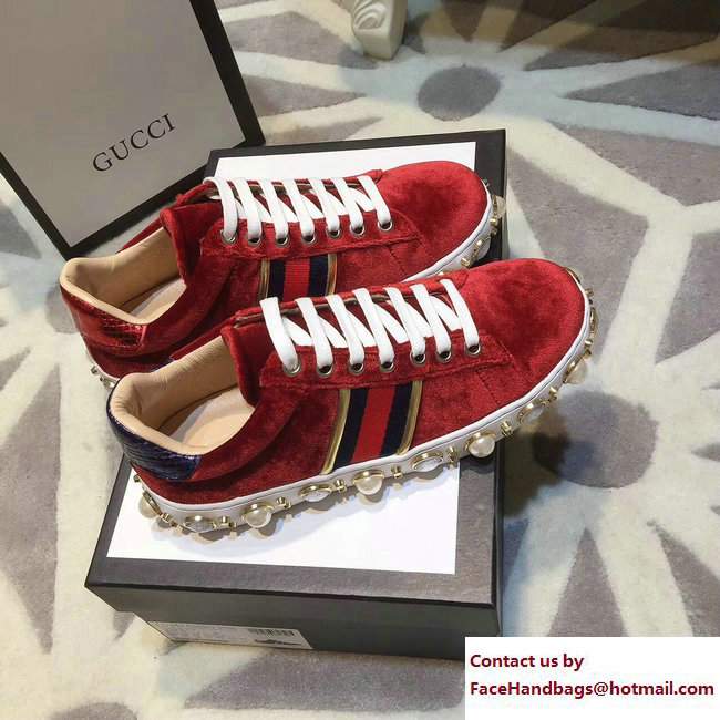 Gucci Ace Leather Studded and Pearl Velvet Sneakers Red/Blue 2017 - Click Image to Close