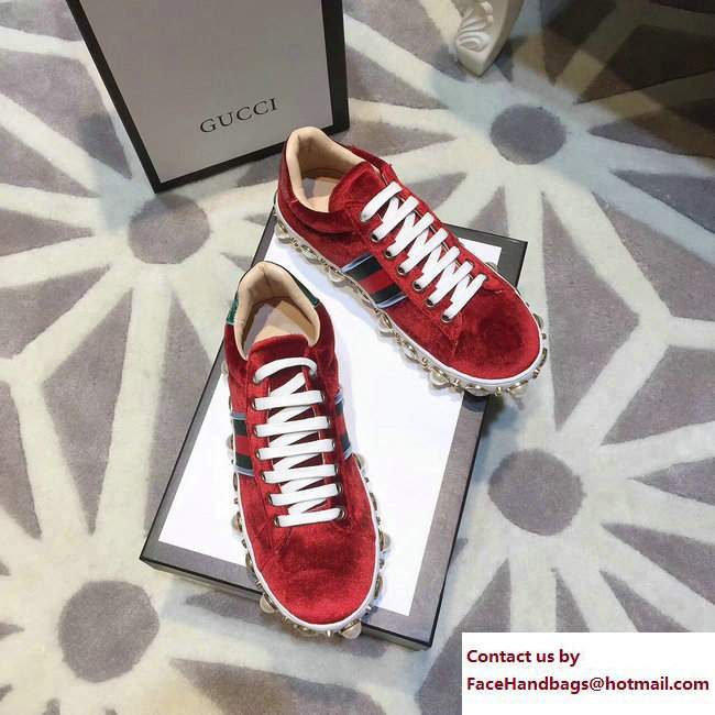 Gucci Ace Leather Studded and Pearl Velvet Sneakers Red/Green 2017