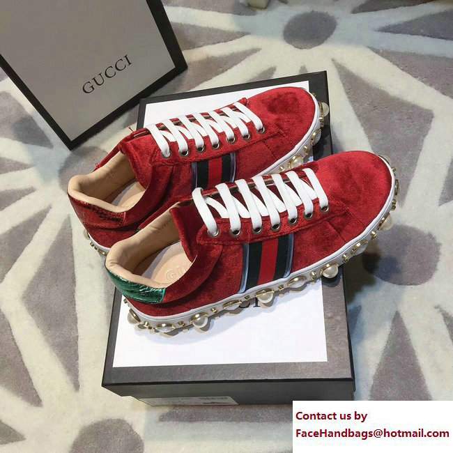Gucci Ace Leather Studded and Pearl Velvet Sneakers Red/Green 2017 - Click Image to Close