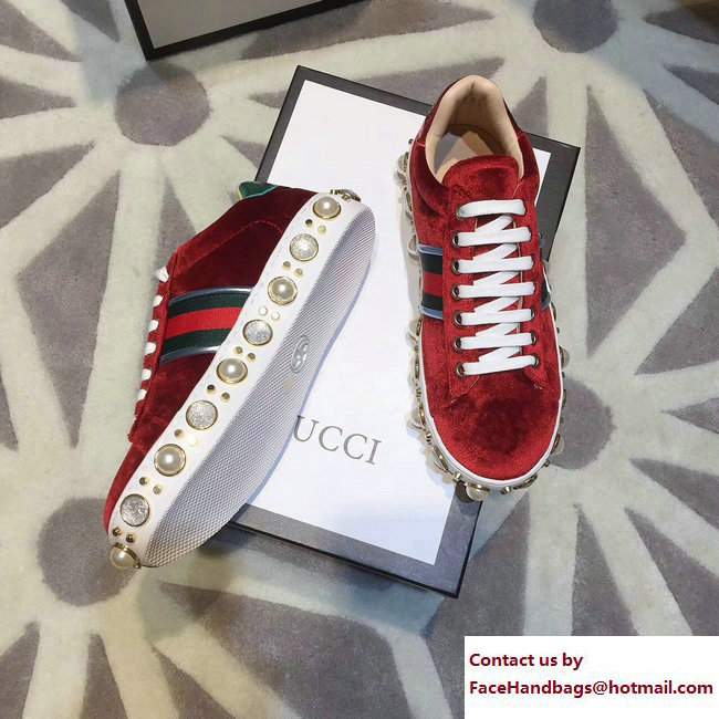 Gucci Ace Leather Studded and Pearl Velvet Sneakers Red/Green 2017 - Click Image to Close