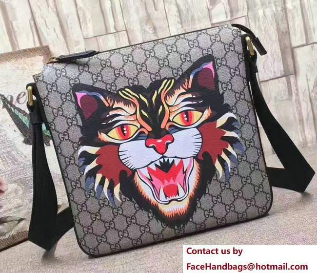 Gucci Angry Cat Print GG Supreme Flat Messenger Bag 473886 2017 - Click Image to Close