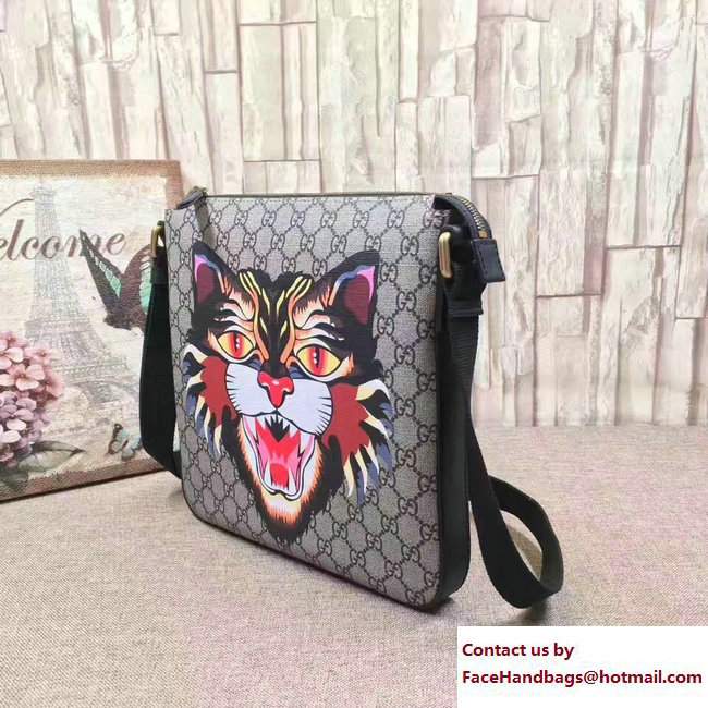 Gucci Angry Cat Print GG Supreme Flat Messenger Bag 473886 2017