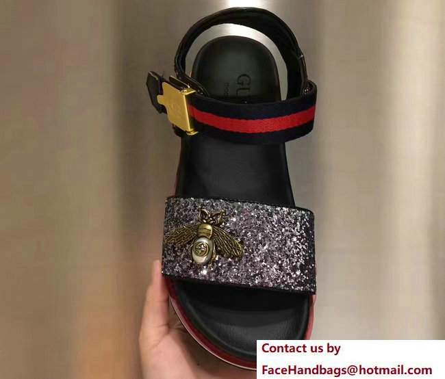Gucci Bee Web Sandals Glitter Gun Color 2017 - Click Image to Close