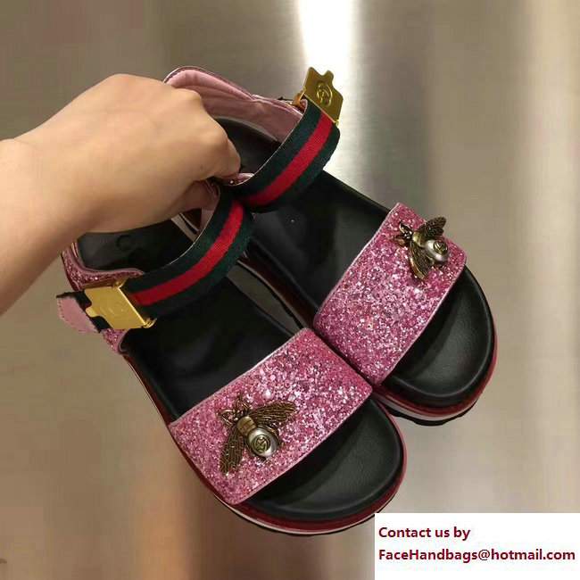 Gucci Bee Web Sandals Glitter Pink 2017 - Click Image to Close