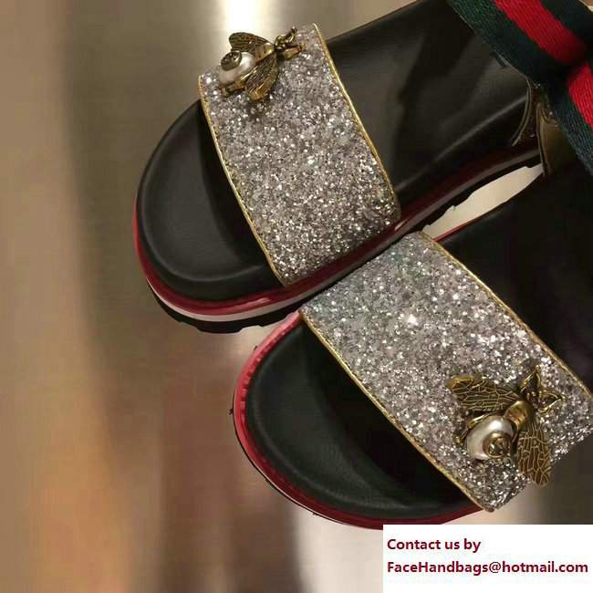Gucci Bee Web Sandals Glitter Silver 2017