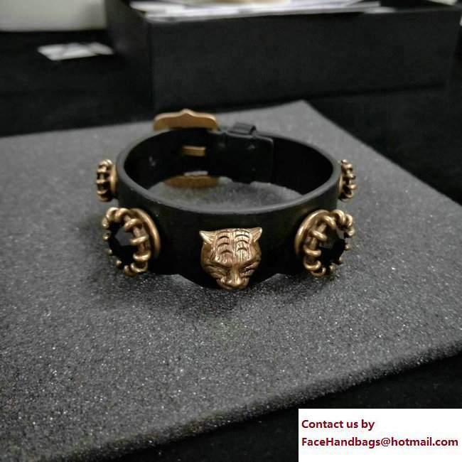 Gucci Black Crystal Studs And Feline Head Leather Bracelet