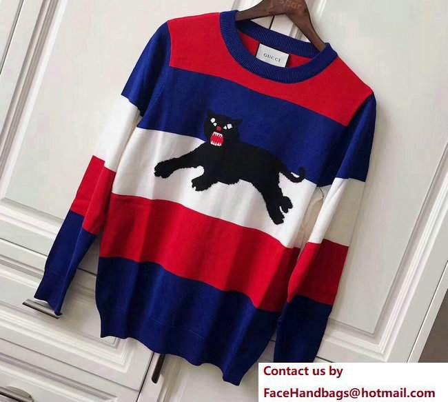 Gucci Blue/Red/White Stripe Sweatshirt Panther 2017 - Click Image to Close