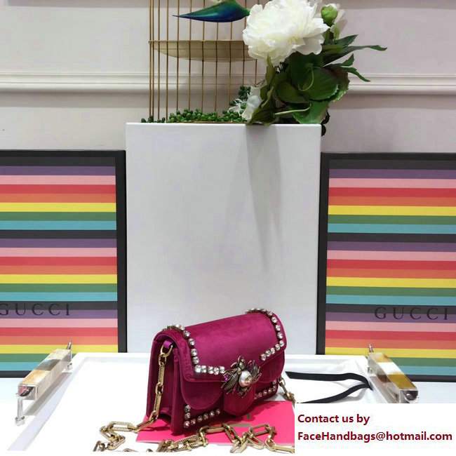 Gucci Broadway Crystals And Metal Bees Velvet Mini Bag 489218 Fuchsia 2017 - Click Image to Close