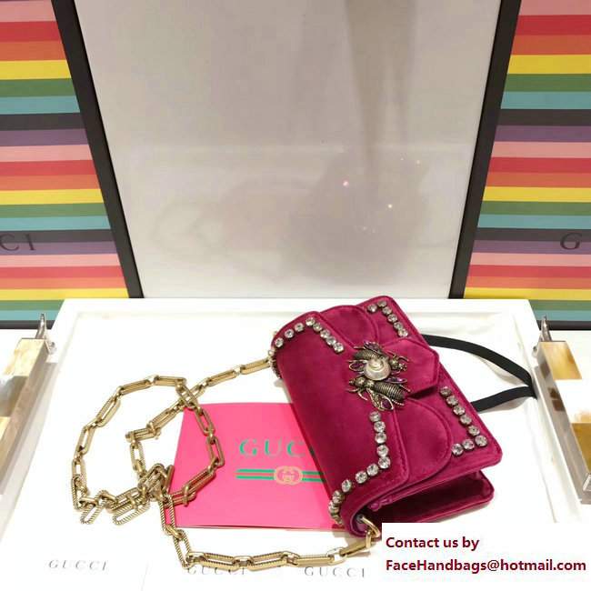 Gucci Broadway Crystals And Metal Bees Velvet Mini Bag 489218 Fuchsia 2017 - Click Image to Close