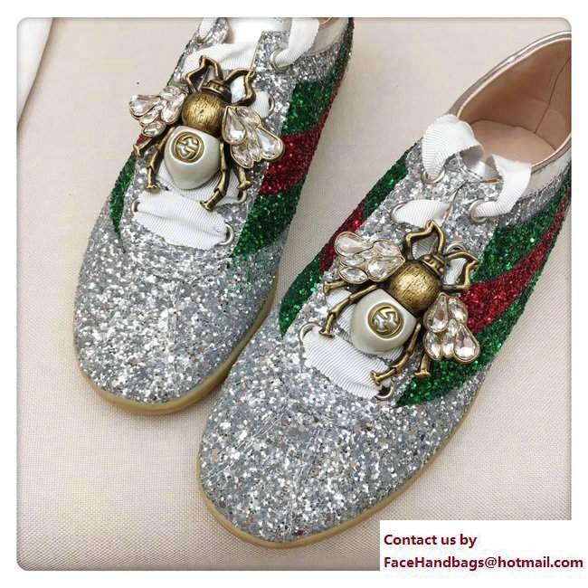 Gucci Crystal Bee Falacer Glitter Sylvie Web Stripe Sneakers Silver 2017 - Click Image to Close