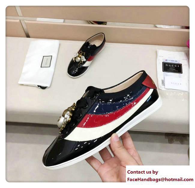 Gucci Crystal Bee Falacer Patent Leather Sylvie Web Stripe Sneakers 493692 Black 2017 - Click Image to Close