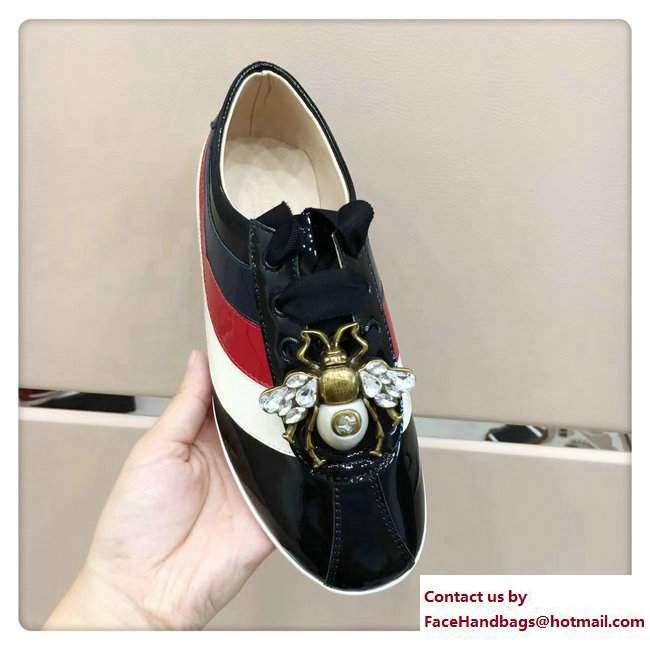 Gucci Crystal Bee Falacer Patent Leather Sylvie Web Stripe Sneakers 493692 Black 2017 - Click Image to Close