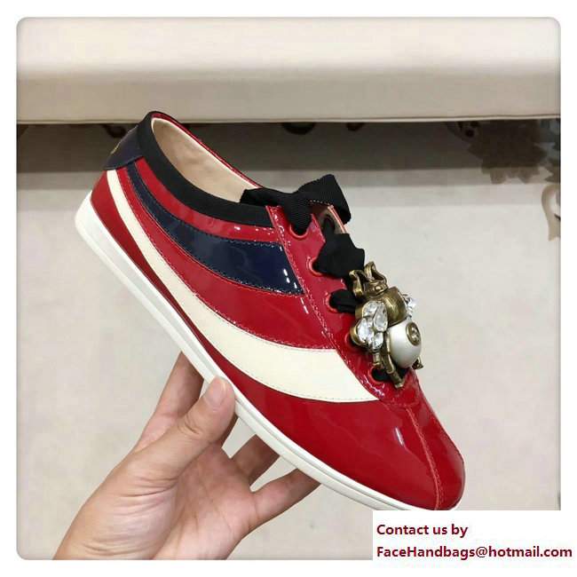 Gucci Crystal Bee Falacer Patent Leather Sylvie Web Stripe Sneakers 493692 Red 2017 - Click Image to Close