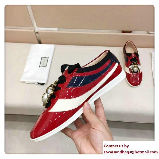 Gucci Crystal Bee Falacer Patent Leather Sylvie Web Stripe Sneakers 493692 Red 2017 - Click Image to Close