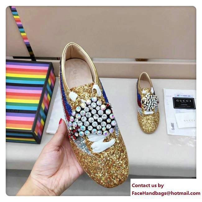 Gucci Falacer Glitter Sylvie Web Sneakers 494609 Gold 2017 - Click Image to Close