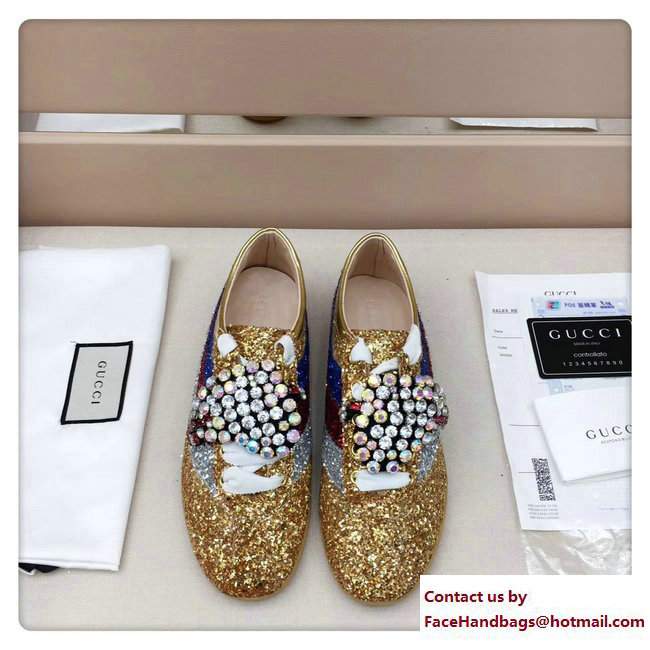 Gucci Falacer Glitter Sylvie Web Sneakers 494609 Gold 2017 - Click Image to Close