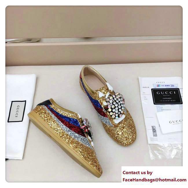 Gucci Falacer Glitter Sylvie Web Sneakers 494609 Gold 2017