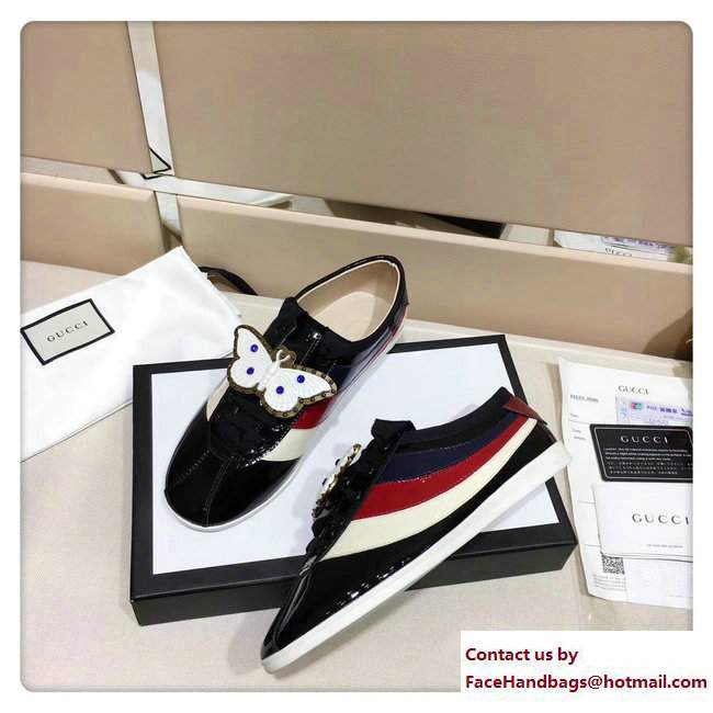 Gucci Falacer Patent Leather Sylvie Web Stripe Sneakers 493687 Metal Moth Black 2017 - Click Image to Close