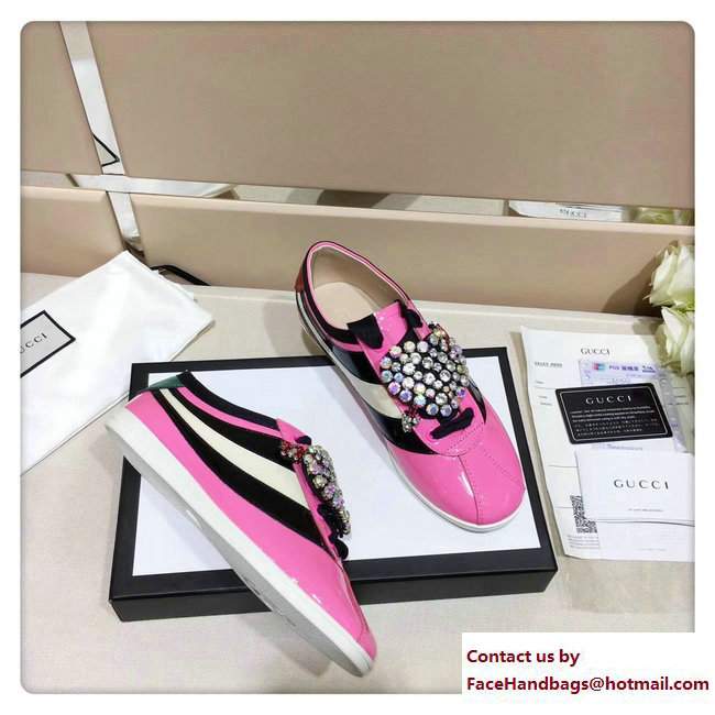 Gucci Falacer Patent Leather Sylvie Web Stripe Sneakers 494609 Crystal Pierced Heart Pink 2017