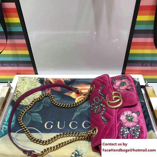 Gucci GG Marmont Chevron Embroidered Crystal Bow Velvet Mini Bag 446744 Pink 2017 - Click Image to Close