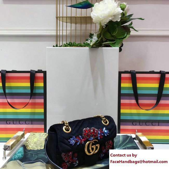 Gucci GG Marmont Chevron Embroidered Crystal Flower Velvet Mini Bag 446744 Black 2017
