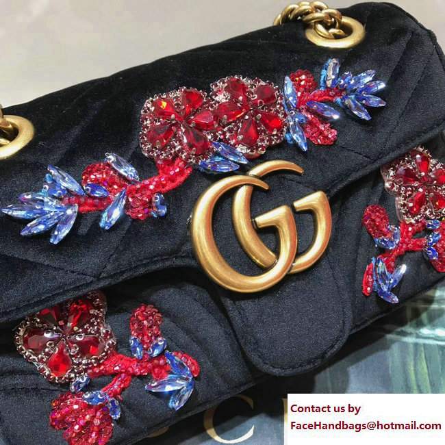 Gucci GG Marmont Chevron Embroidered Crystal Flower Velvet Mini Bag 446744 Black 2017 - Click Image to Close