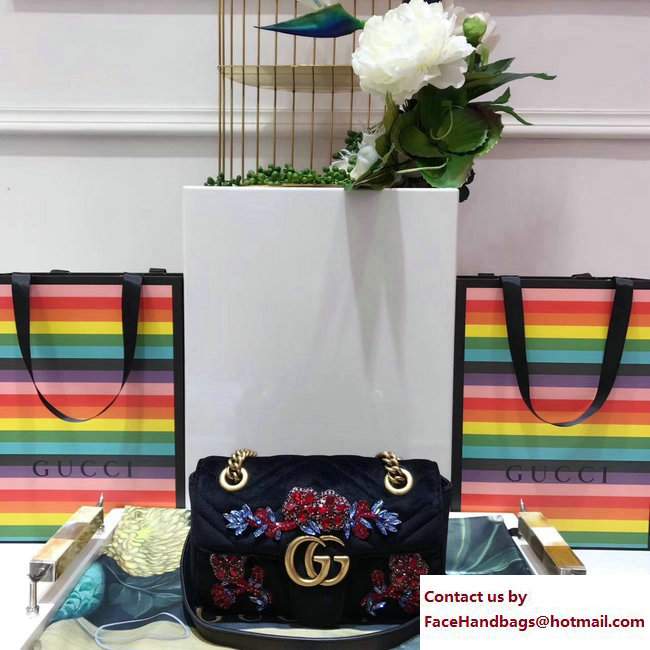 Gucci GG Marmont Chevron Embroidered Crystal Flower Velvet Mini Bag 446744 Black 2017 - Click Image to Close