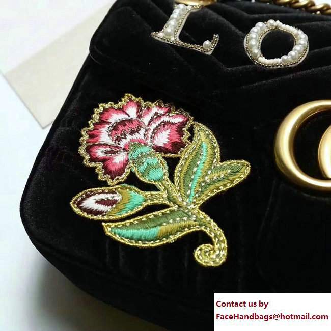 Gucci GG Marmont Chevron Velvet Small Chain Shoulder Bag 443497 Embroidered LovedAnd Floral Black 2017 - Click Image to Close
