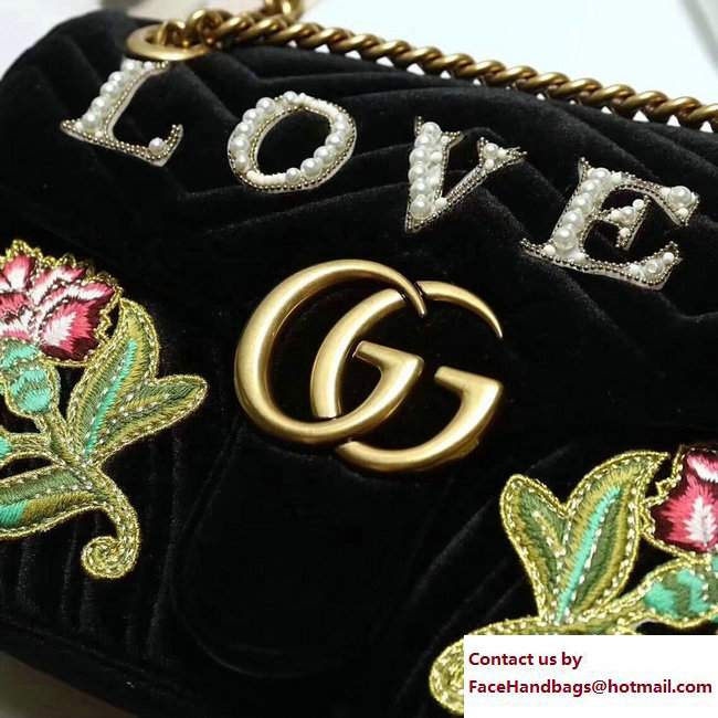 Gucci GG Marmont Chevron Velvet Small Chain Shoulder Bag 443497 Embroidered LovedAnd Floral Black 2017