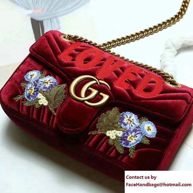 Gucci GG Marmont Chevron Velvet Small Chain Shoulder Bag 443497 Embroidered Loved And Floral Bordeaux 2017 - Click Image to Close